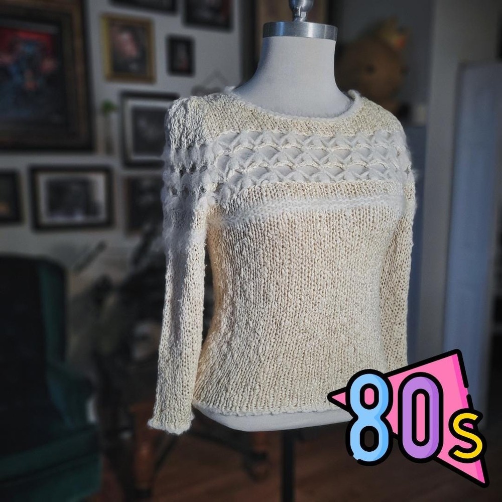 Vintage 80s Knit Sweater Neiman Marcus Lauren Hansen Pearl Embellished Cream